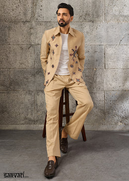 Light Brown Velvet Jacket Pant Set with Mirror Detailing