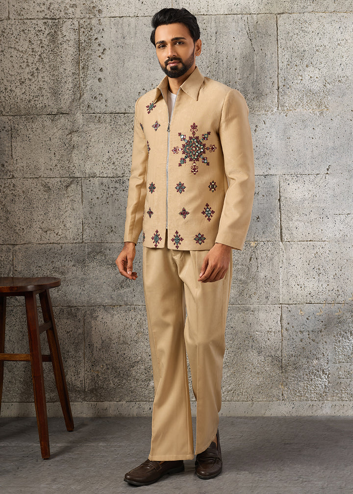 Light Brown Velvet Jacket Pant Set with Mirror Detailing
