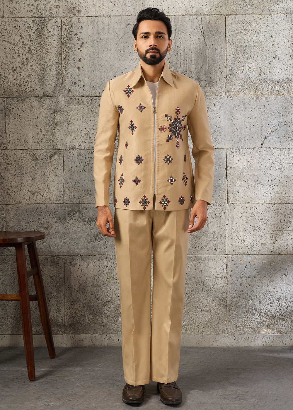 Light Brown Velvet Jacket Pant Set with Mirror Detailing