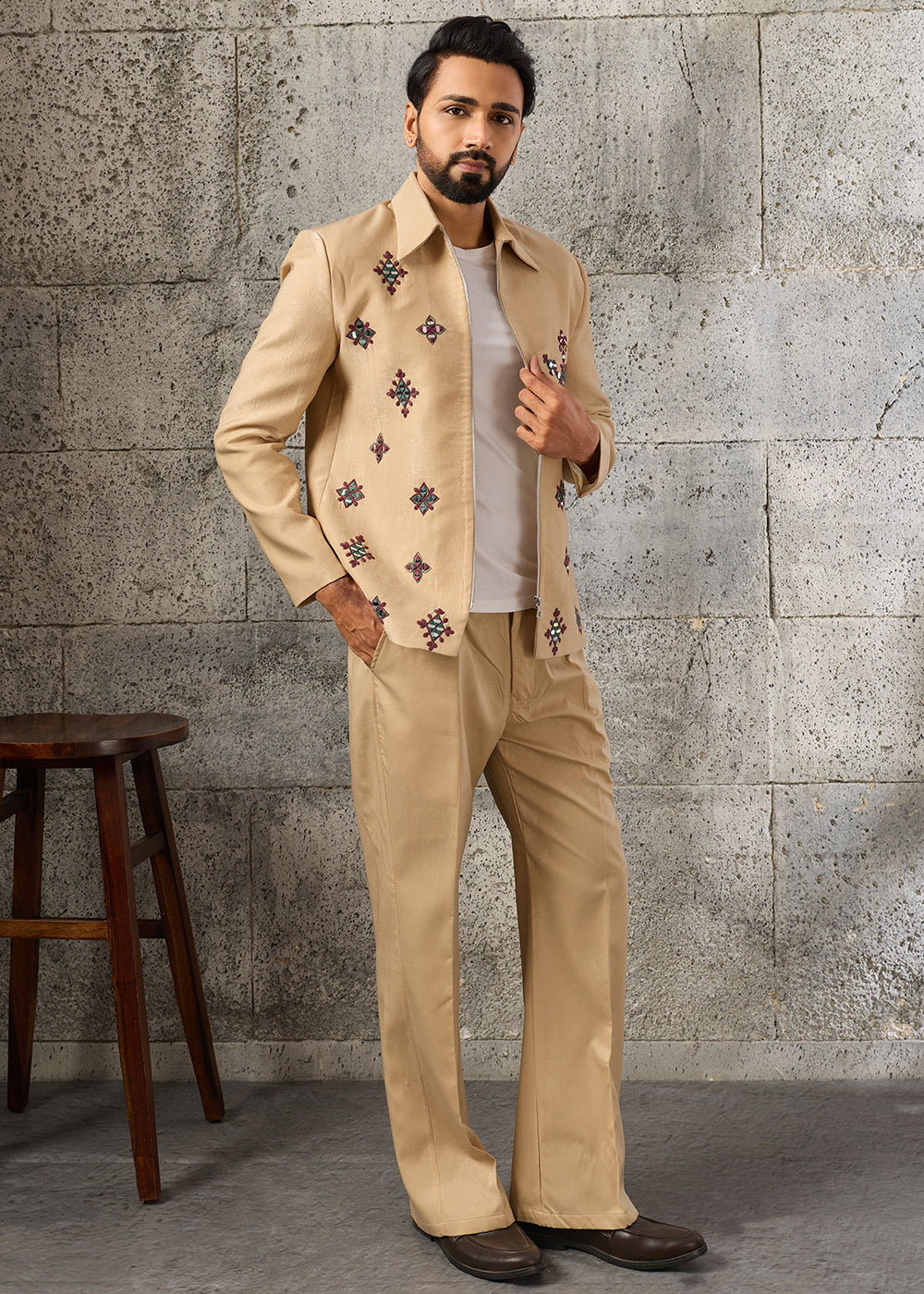 Light Brown Velvet Jacket Pant Set with Mirror Detailing