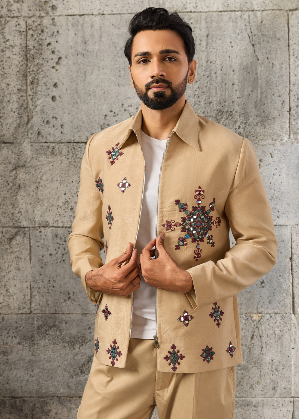 Light Brown Velvet Jacket Pant Set with Mirror Detailing