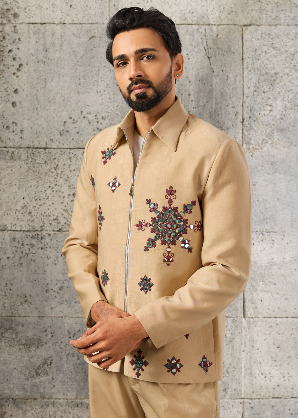 Light Brown Velvet Jacket Pant Set with Mirror Detailing