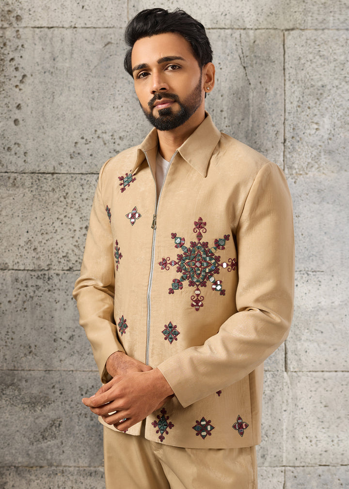 Light Brown Velvet Jacket Pant Set with Mirror Detailing