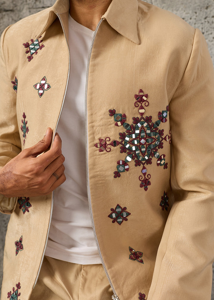 Light Brown Velvet Jacket Pant Set with Mirror Detailing