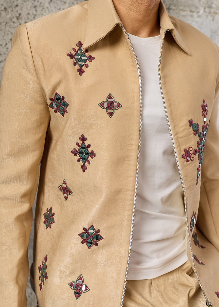 Light Brown Velvet Jacket Pant Set with Mirror Detailing