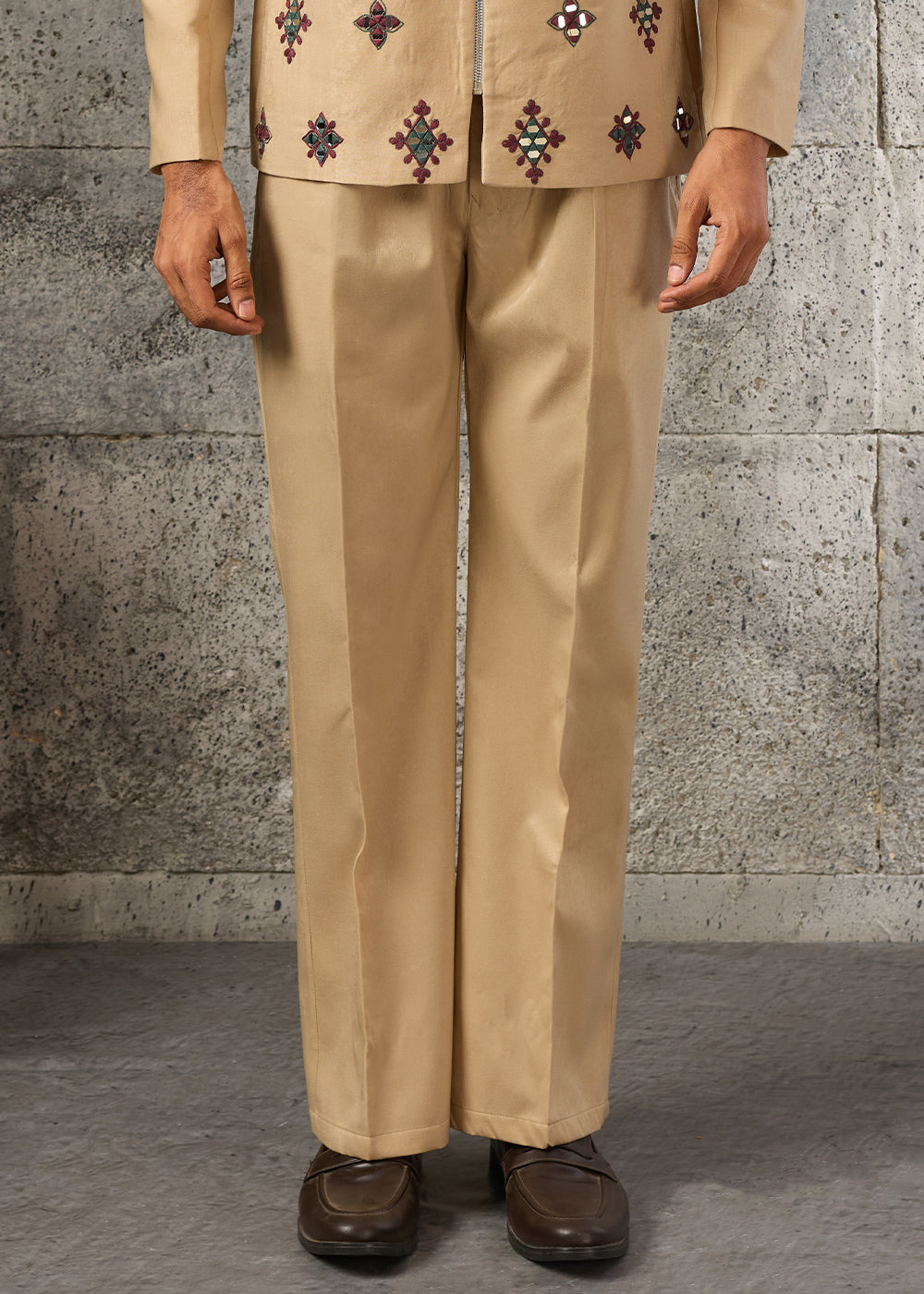 Light Brown Velvet Jacket Pant Set with Mirror Detailing