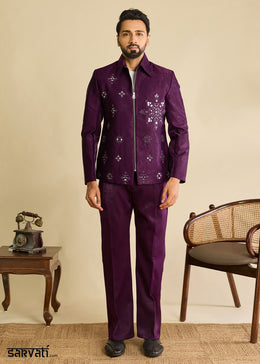 Eggplant Purple Velvet Jacket Pant Set with Mirror Detailing