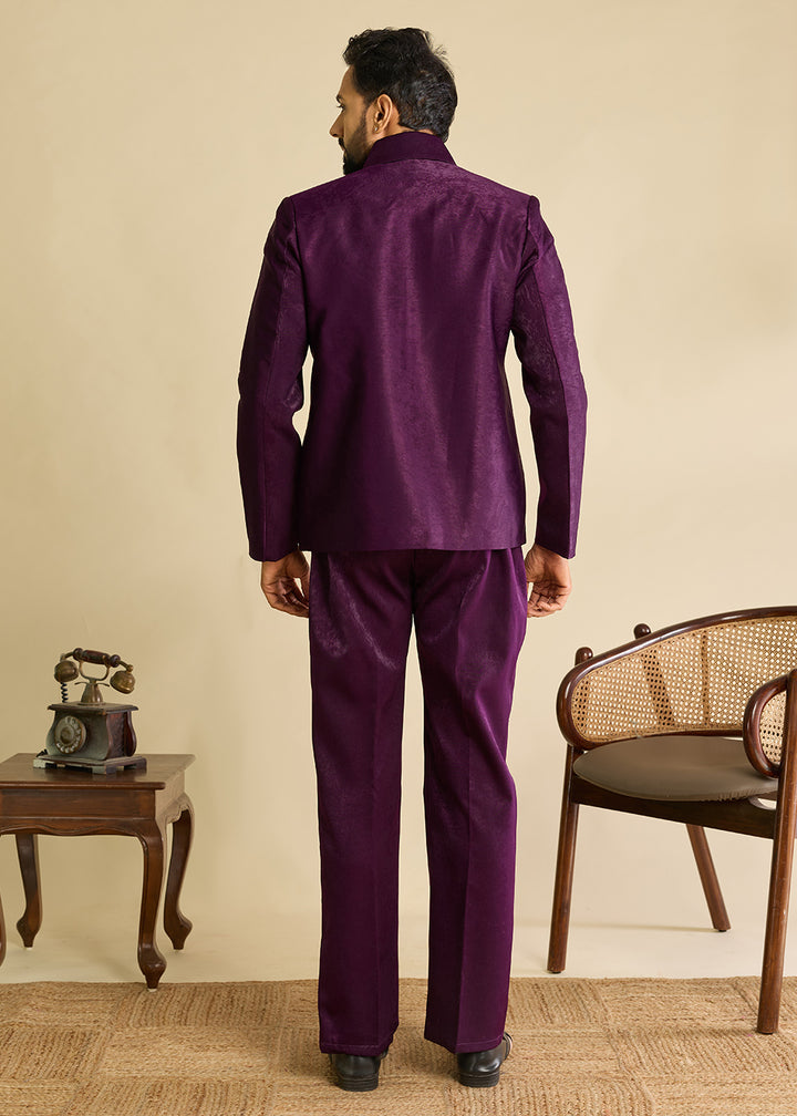 Eggplant Purple Velvet Jacket Pant Set with Mirror Detailing
