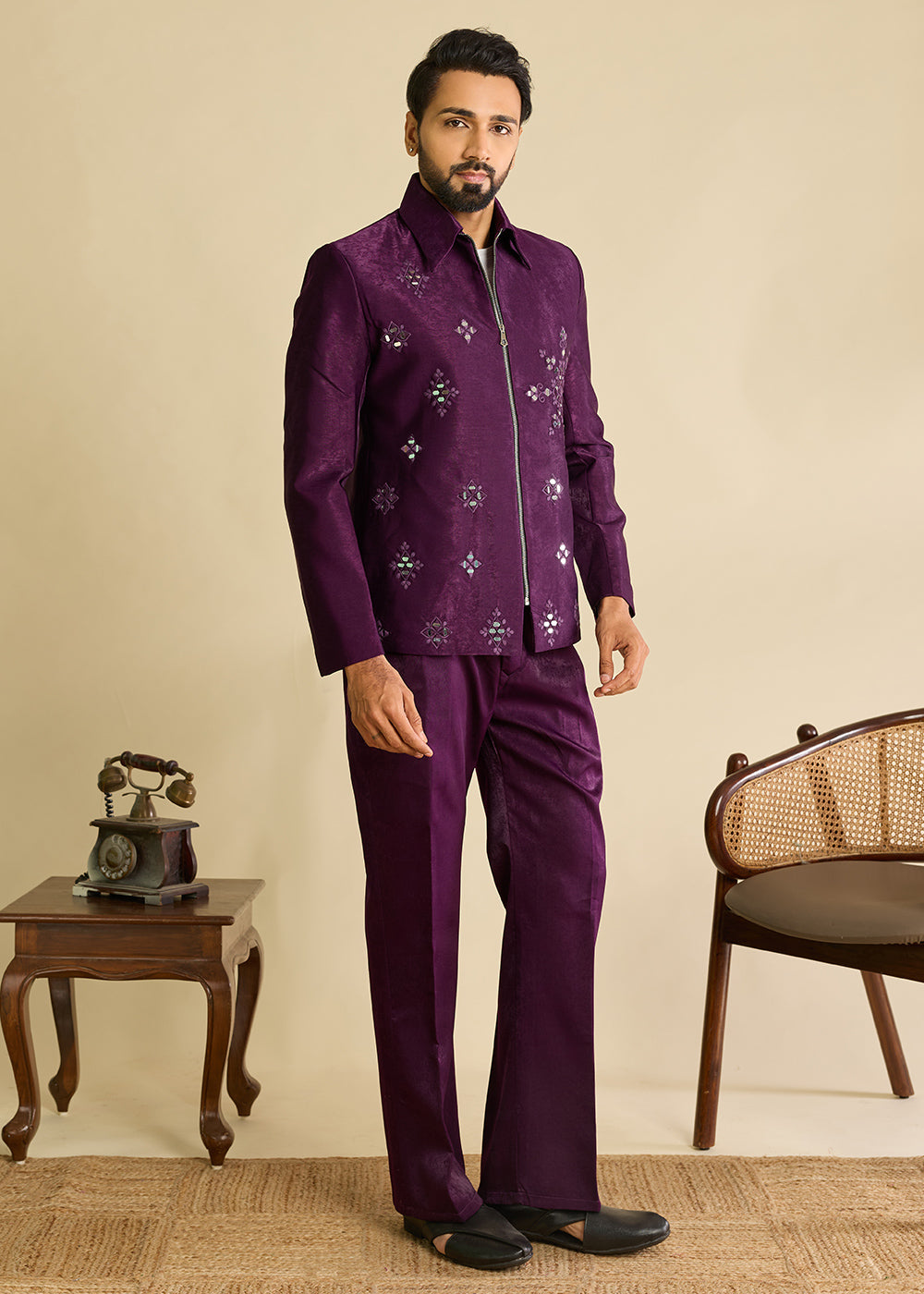 Eggplant Purple Velvet Jacket Pant Set with Mirror Detailing
