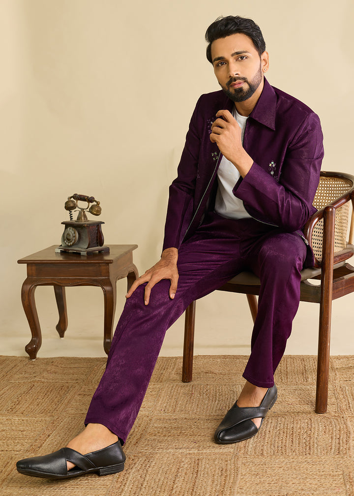 Eggplant Purple Velvet Jacket Pant Set with Mirror Detailing