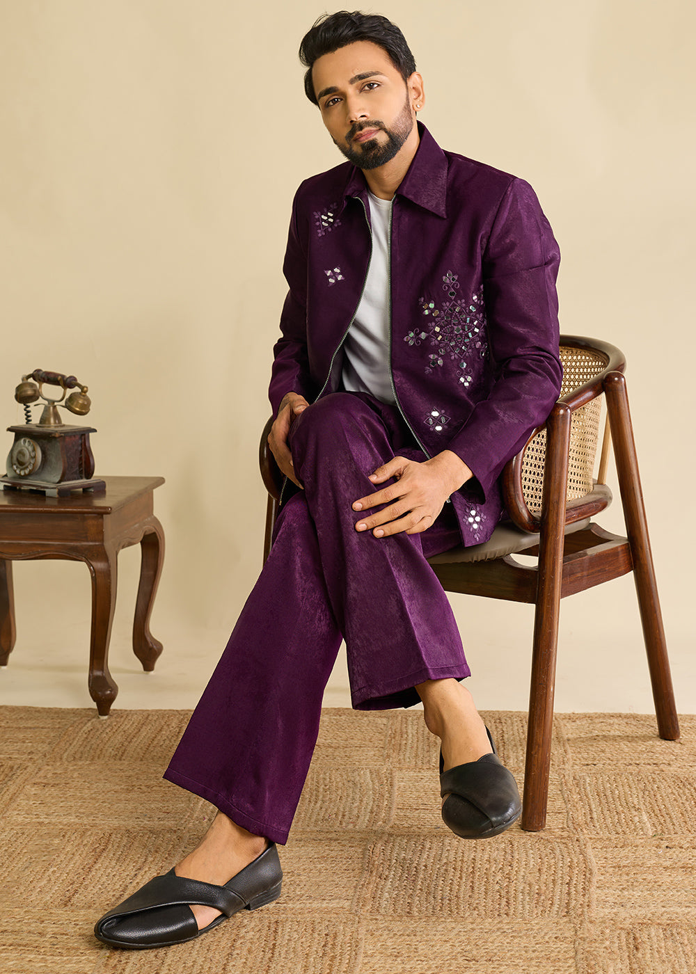 Eggplant Purple Velvet Jacket Pant Set with Mirror Detailing