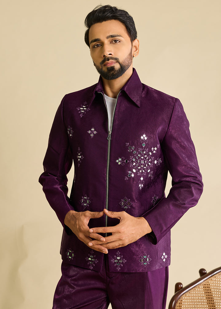 Eggplant Purple Velvet Jacket Pant Set with Mirror Detailing