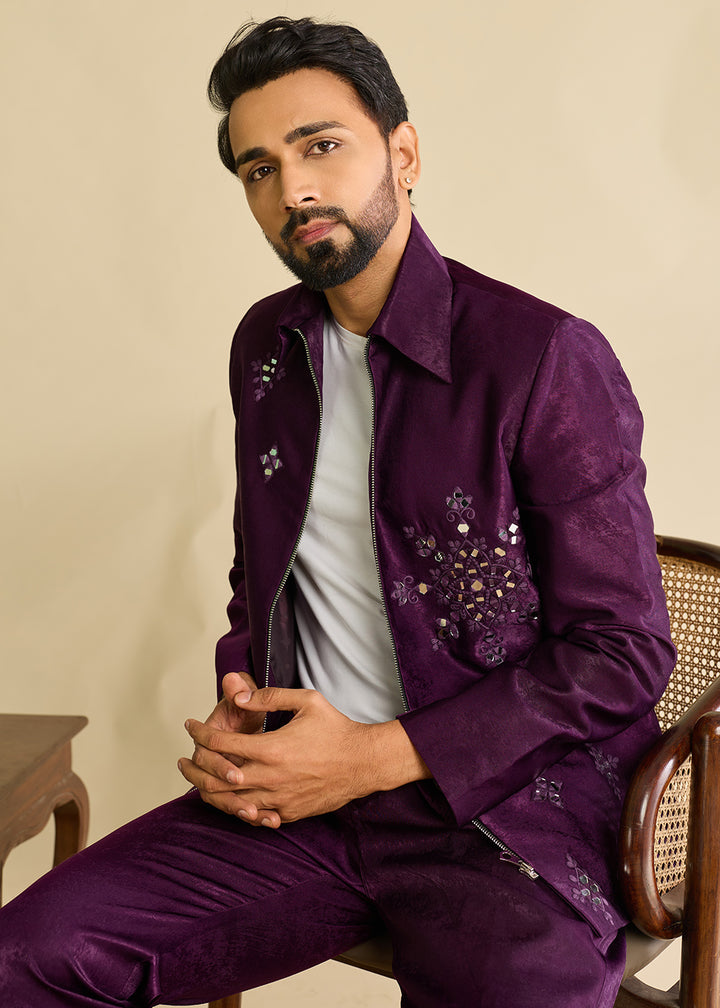 Eggplant Purple Velvet Jacket Pant Set with Mirror Detailing