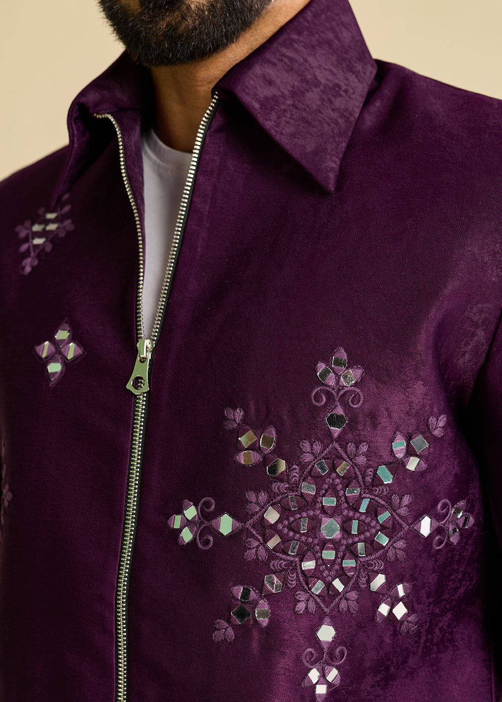 Eggplant Purple Velvet Jacket Pant Set with Mirror Detailing