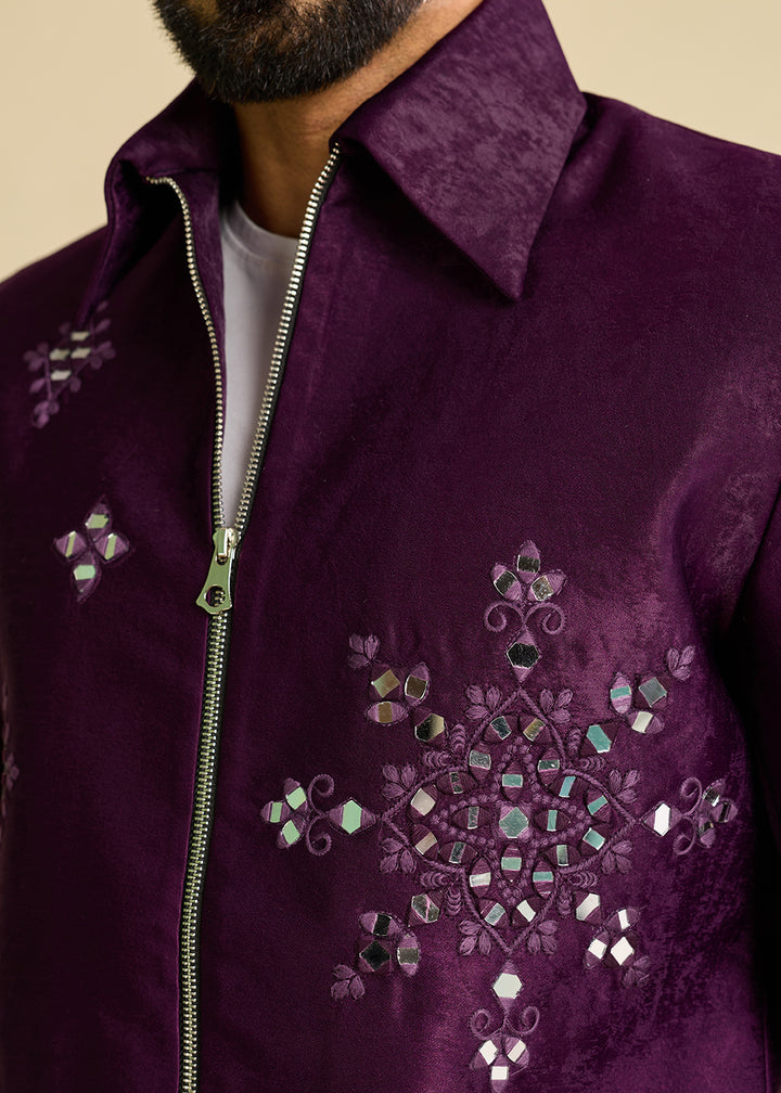 Eggplant Purple Velvet Jacket Pant Set with Mirror Detailing