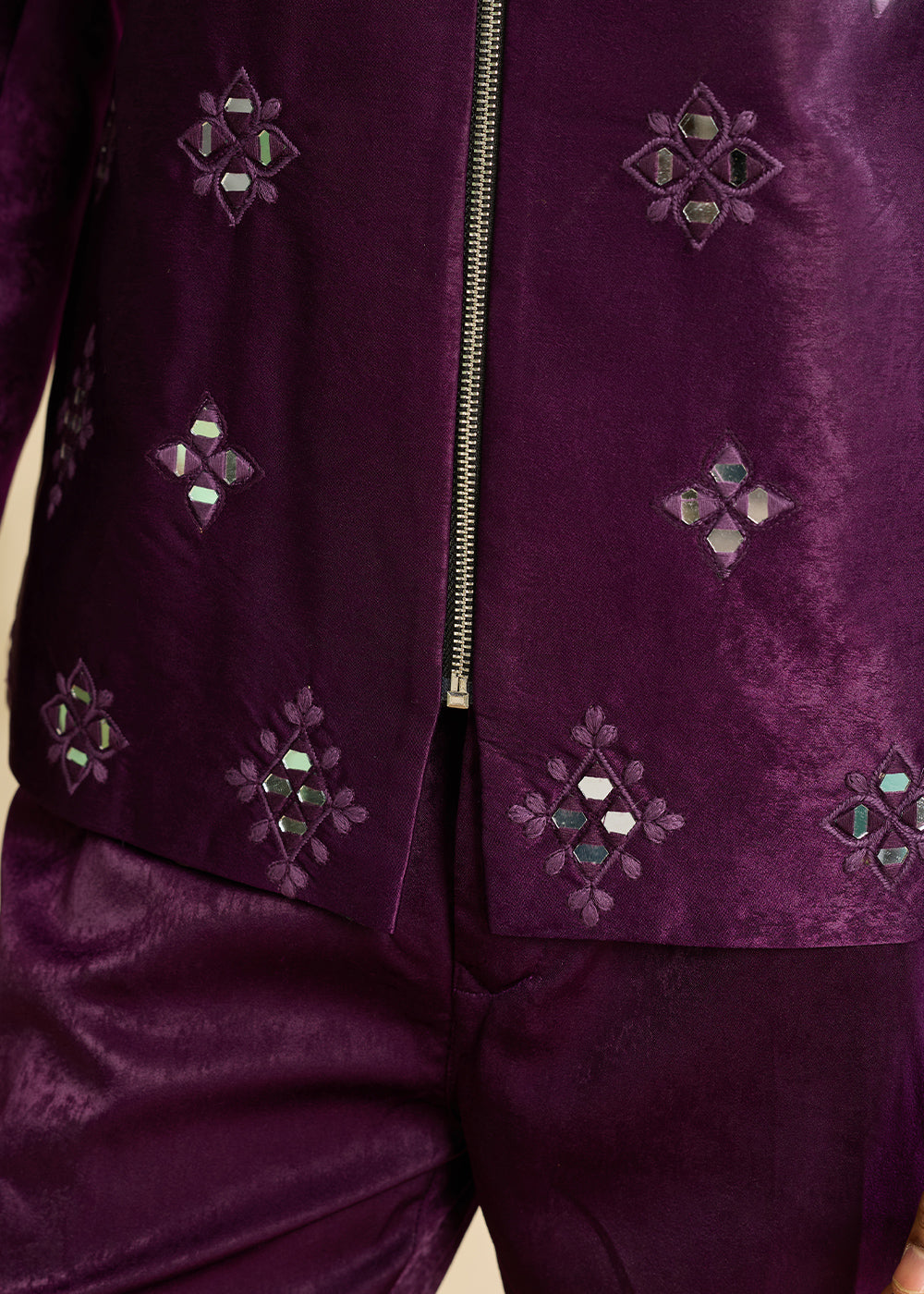 Eggplant Purple Velvet Jacket Pant Set with Mirror Detailing