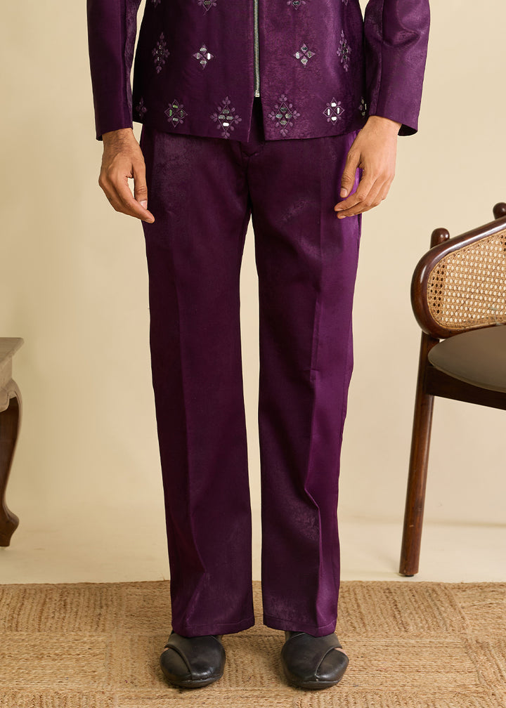 Eggplant Purple Velvet Jacket Pant Set with Mirror Detailing