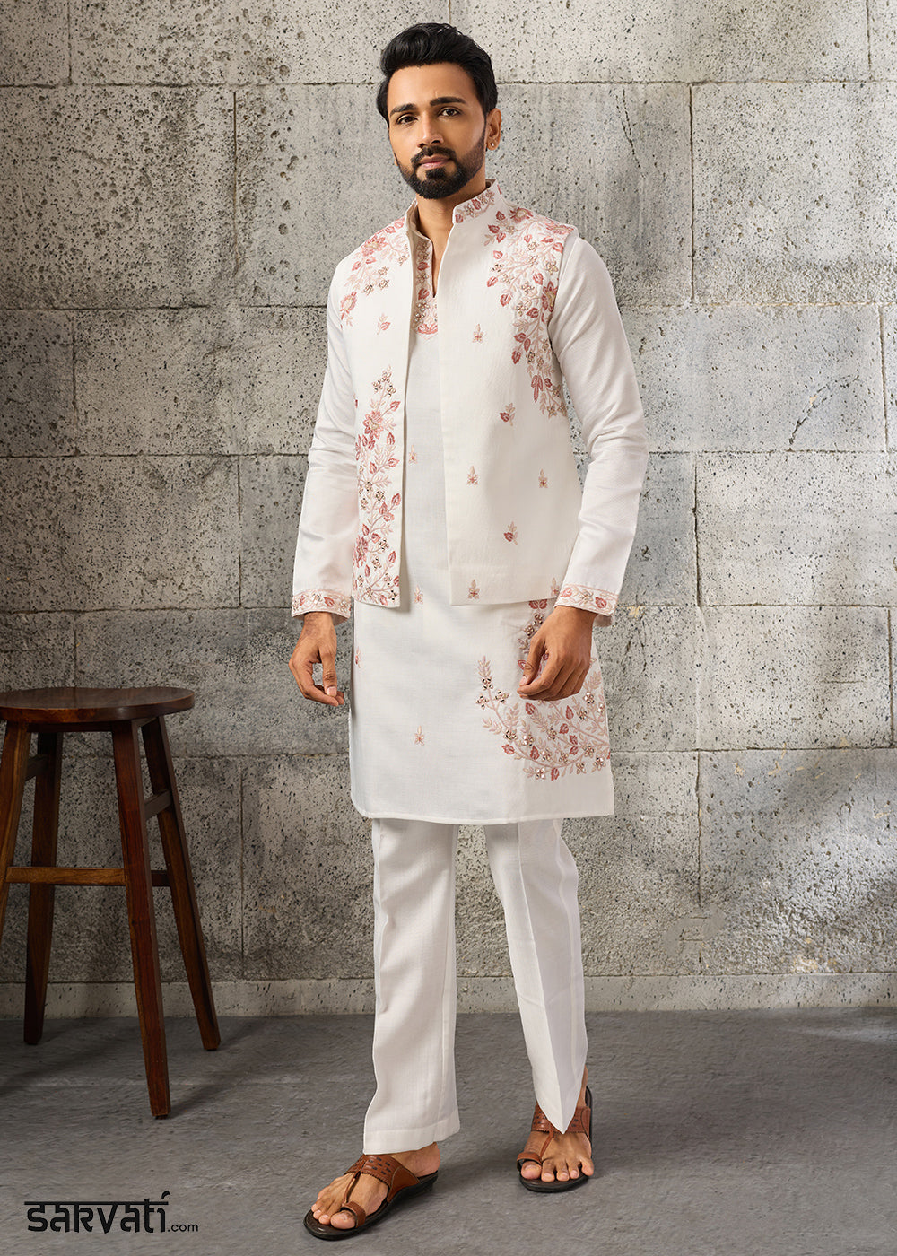 Rice White Silk Kurta Pajama &amp; Koti Set with Intricate Mirror &amp; Thread Artistry