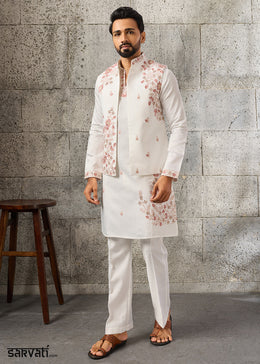 Rice White Silk Kurta Pajama & Koti Set with Intricate Mirror & Thread Artistry