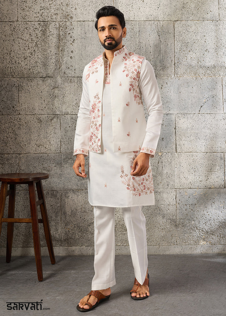 Rice White Silk Kurta Pajama &amp; Koti Set with Intricate Mirror &amp; Thread Artistry