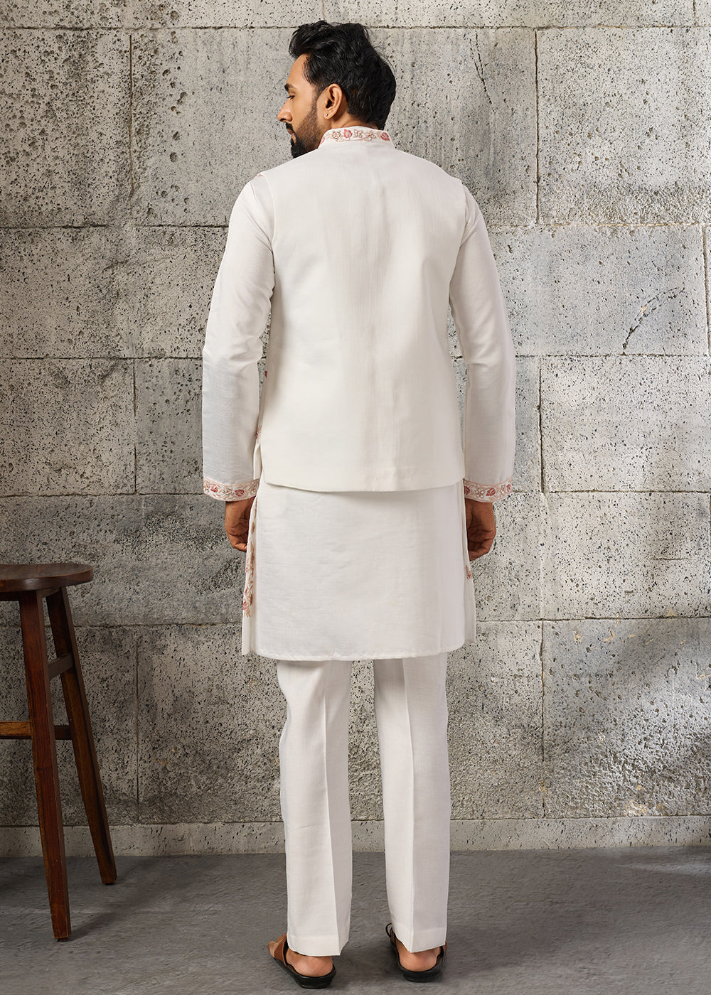Rice White Silk Kurta Pajama & Koti Set with Intricate Mirror & Thread Artistry