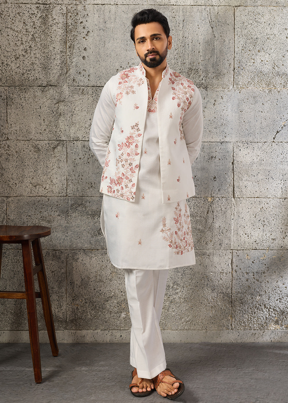 Rice White Silk Kurta Pajama &amp; Koti Set with Intricate Mirror &amp; Thread Artistry
