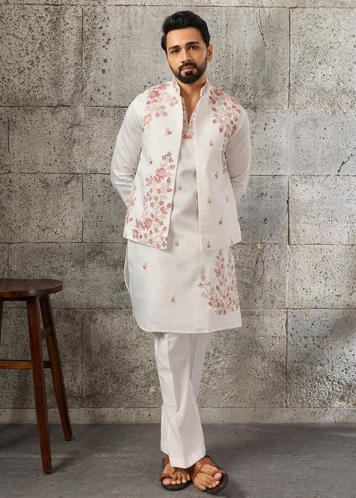 Rice White Silk Kurta Pajama &amp; Koti Set with Intricate Mirror &amp; Thread Artistry