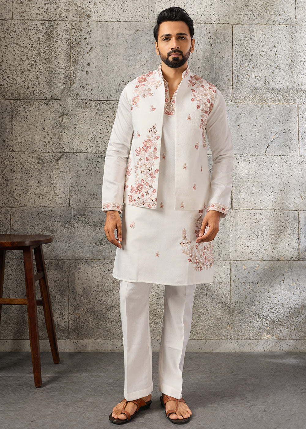Rice White Silk Kurta Pajama &amp; Koti Set with Intricate Mirror &amp; Thread Artistry
