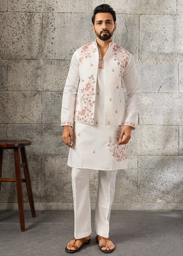 Rice White Silk Kurta Pajama &amp; Koti Set with Intricate Mirror &amp; Thread Artistry