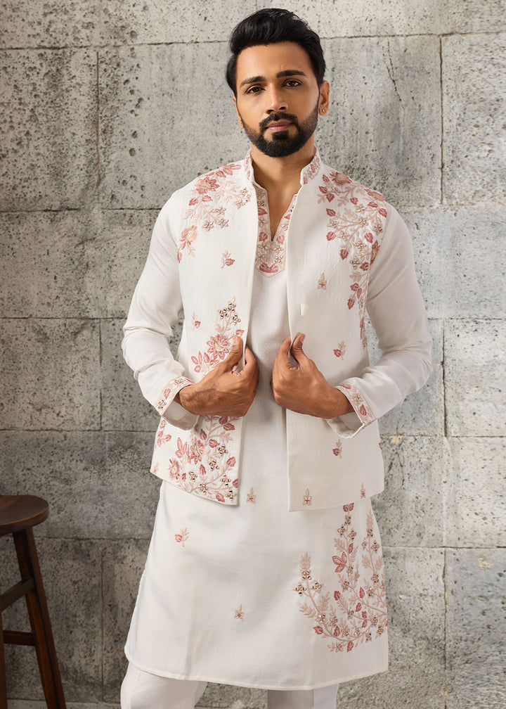 Rice White Silk Kurta Pajama &amp; Koti Set with Intricate Mirror &amp; Thread Artistry