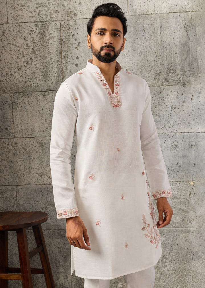 Rice White Silk Kurta Pajama &amp; Koti Set with Intricate Mirror &amp; Thread Artistry