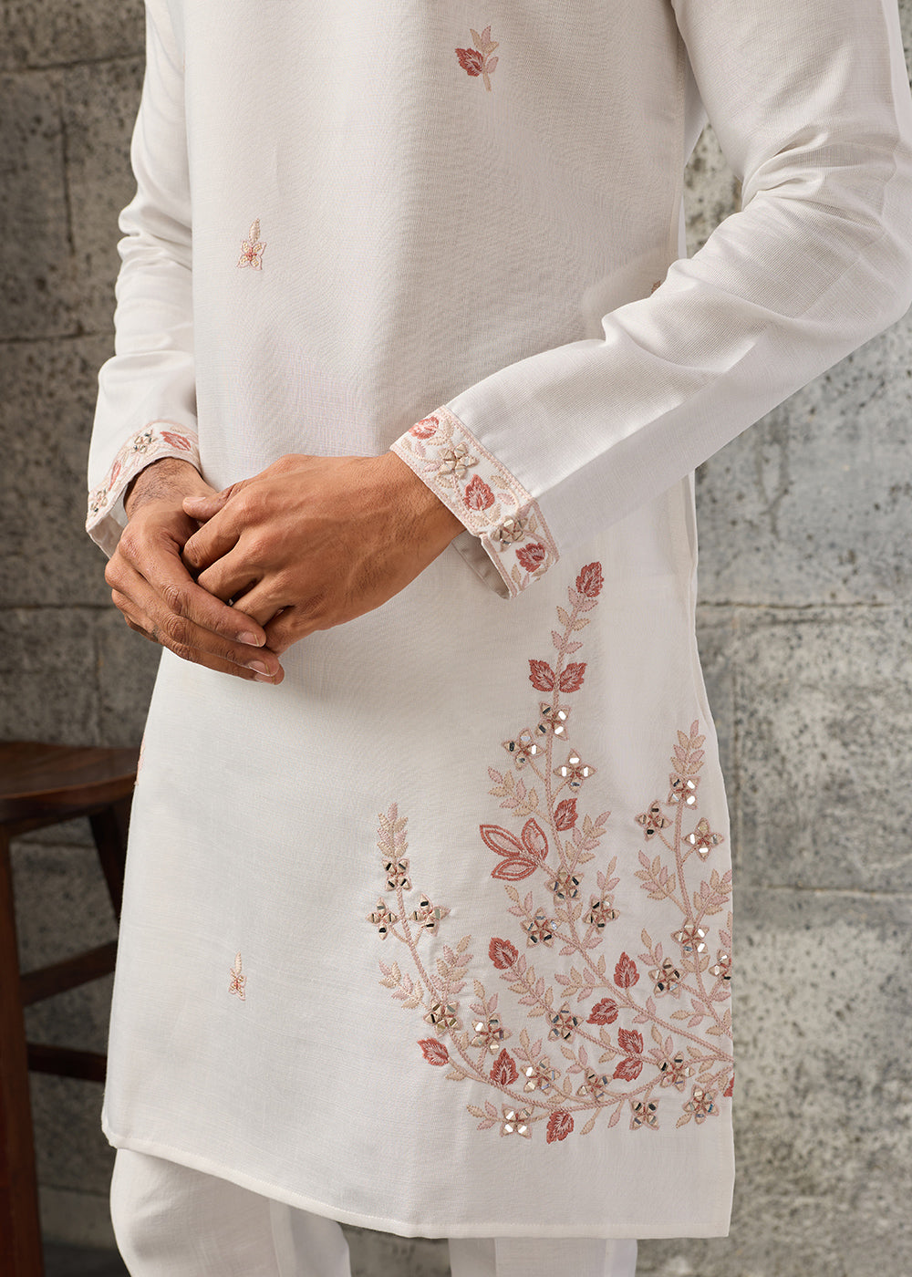 Rice White Silk Kurta Pajama &amp; Koti Set with Intricate Mirror &amp; Thread Artistry