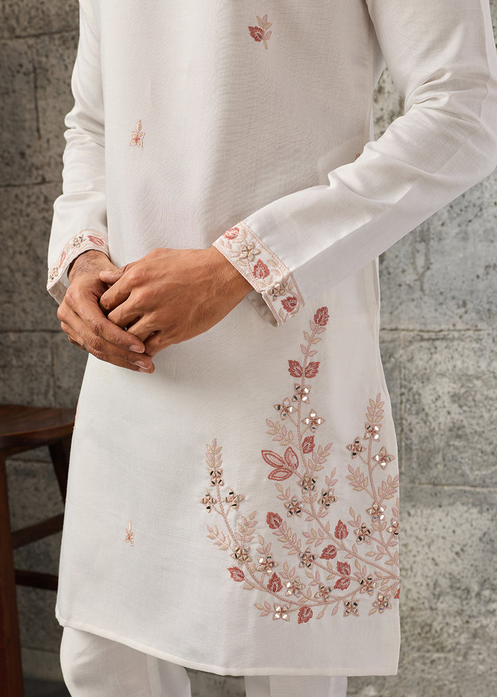 Rice White Silk Kurta Pajama &amp; Koti Set with Intricate Mirror &amp; Thread Artistry