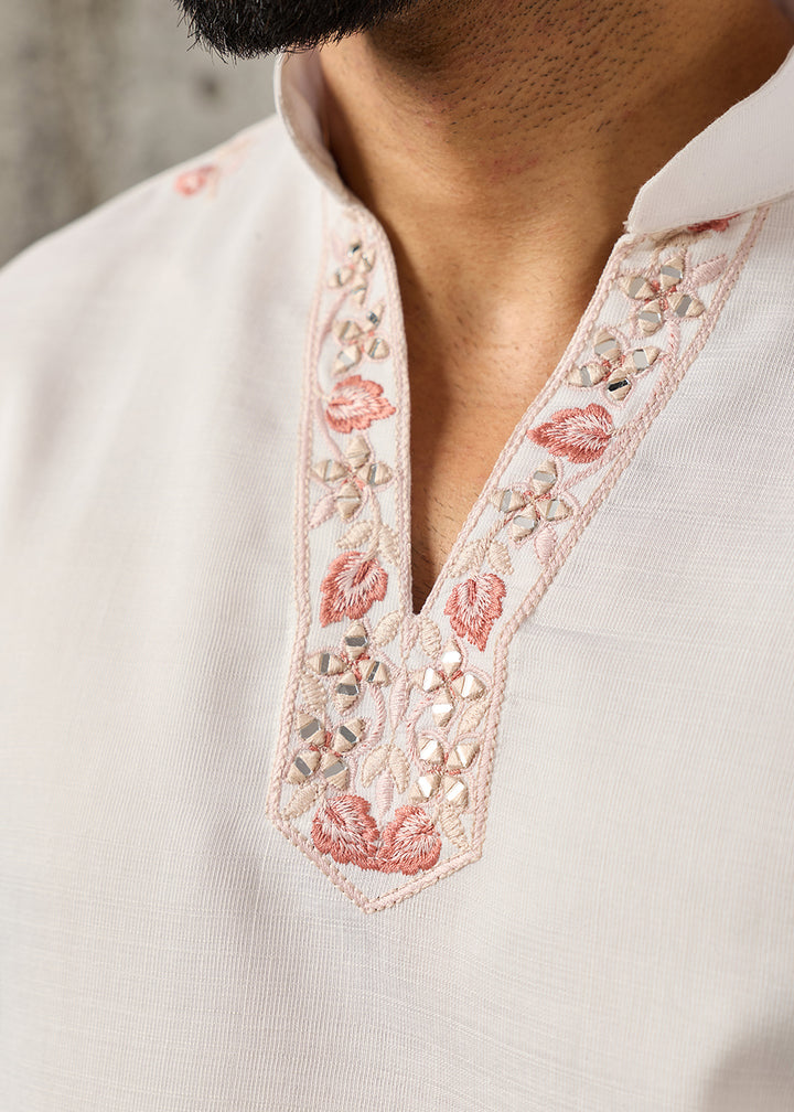 Rice White Silk Kurta Pajama &amp; Koti Set with Intricate Mirror &amp; Thread Artistry
