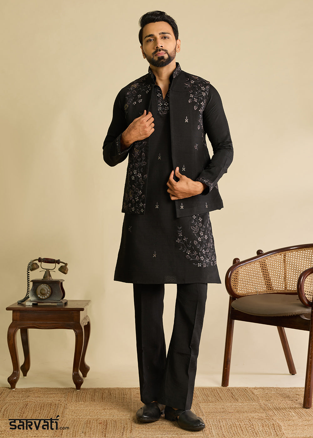 Charcoal Black Silk Kurta Pajama &amp; Koti Set with Intricate Mirror &amp; Thread Artistry