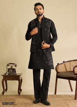 Charcoal Black Silk Kurta Pajama & Koti Set with Intricate Mirror & Thread Artistry