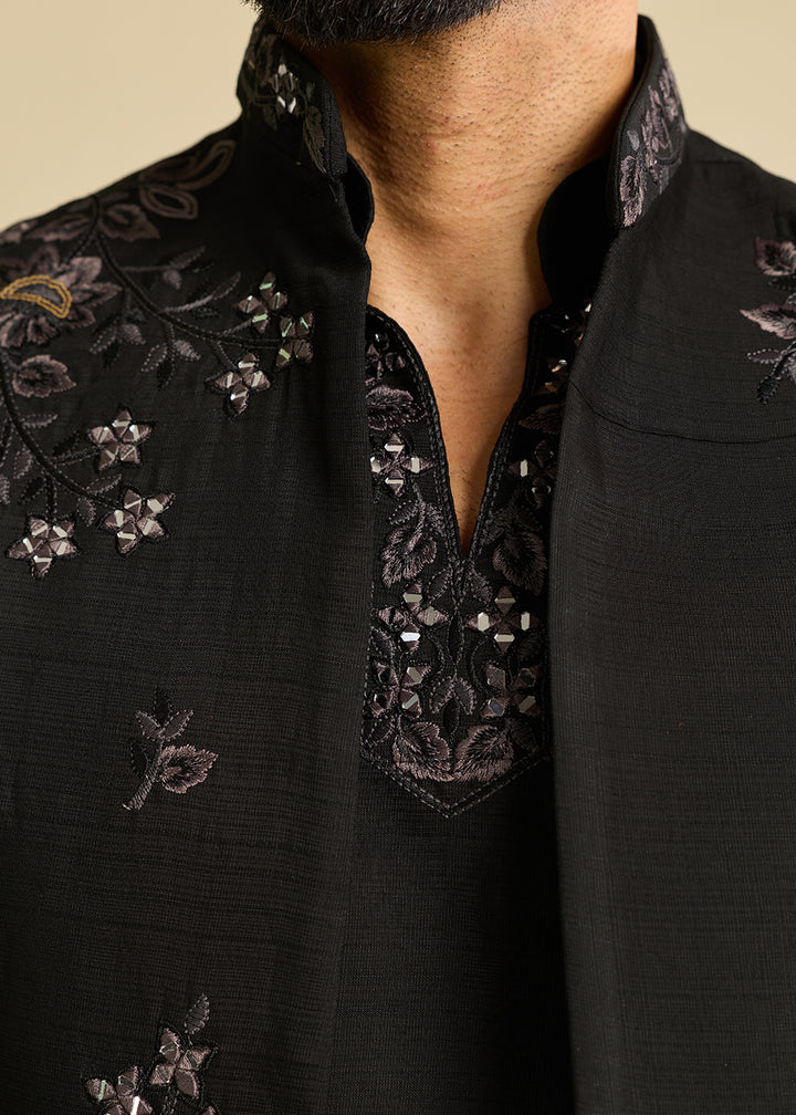 Charcoal Black Silk Kurta Pajama &amp; Koti Set with Intricate Mirror &amp; Thread Artistry