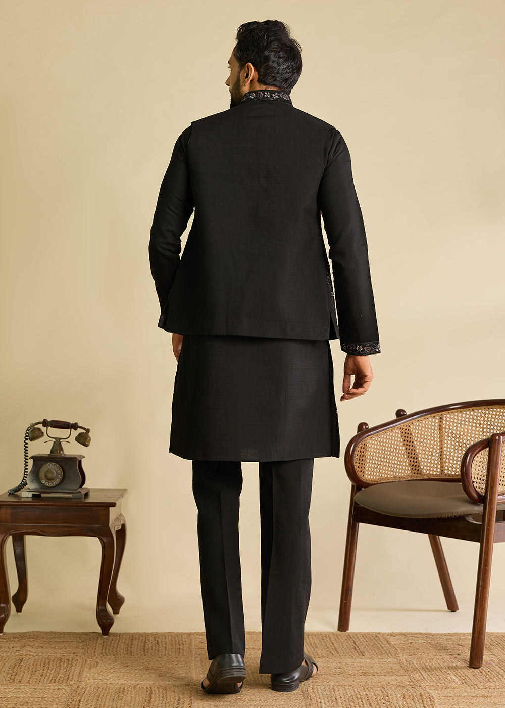 Charcoal Black Silk Kurta Pajama &amp; Koti Set with Intricate Mirror &amp; Thread Artistry
