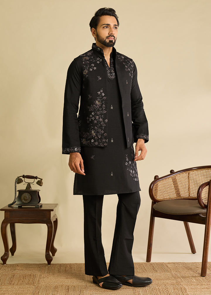Charcoal Black Silk Kurta Pajama &amp; Koti Set with Intricate Mirror &amp; Thread Artistry