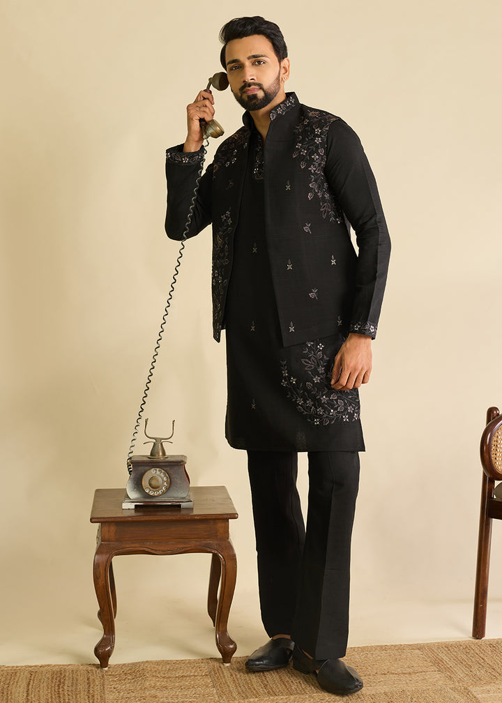 Charcoal Black Silk Kurta Pajama &amp; Koti Set with Intricate Mirror &amp; Thread Artistry