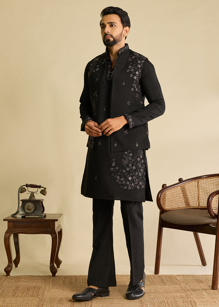 Charcoal Black Silk Kurta Pajama &amp; Koti Set with Intricate Mirror &amp; Thread Artistry