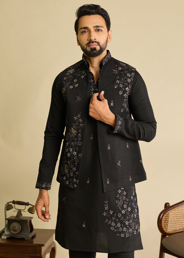 Charcoal Black Silk Kurta Pajama &amp; Koti Set with Intricate Mirror &amp; Thread Artistry
