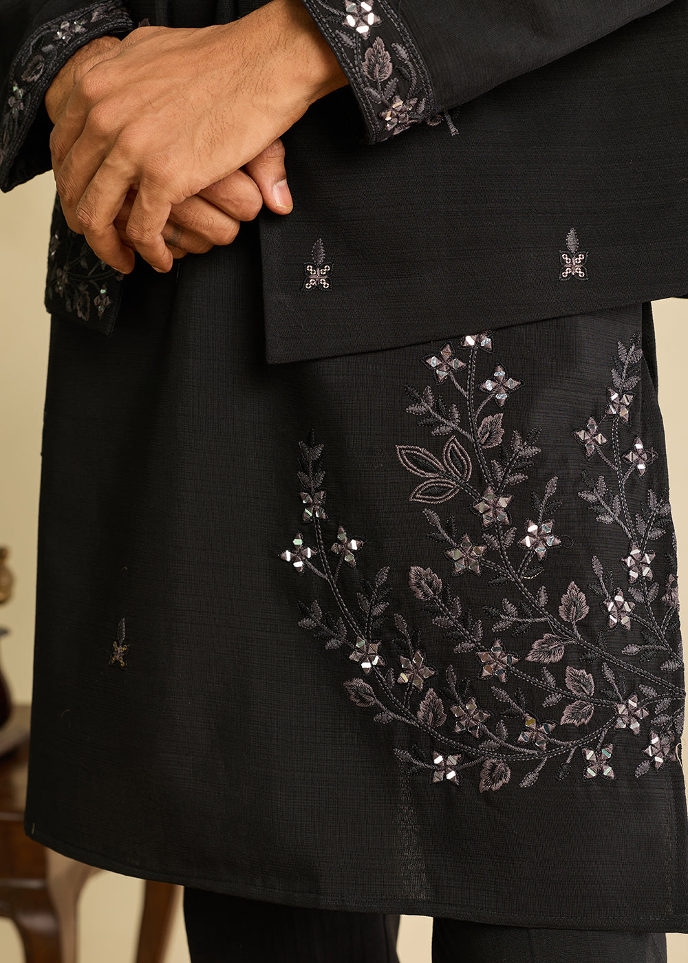 Charcoal Black Silk Kurta Pajama &amp; Koti Set with Intricate Mirror &amp; Thread Artistry