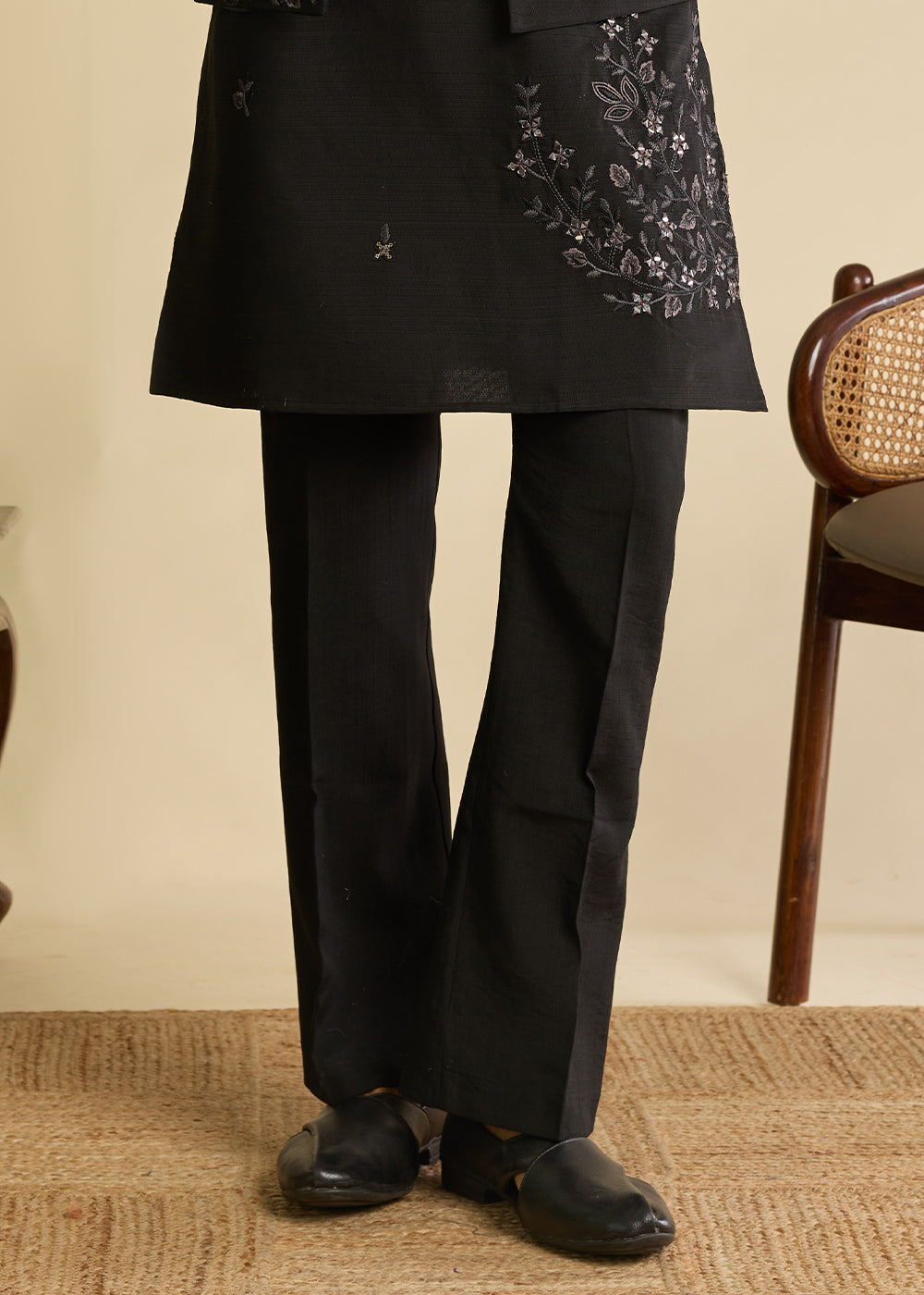 Charcoal Black Silk Kurta Pajama &amp; Koti Set with Intricate Mirror &amp; Thread Artistry