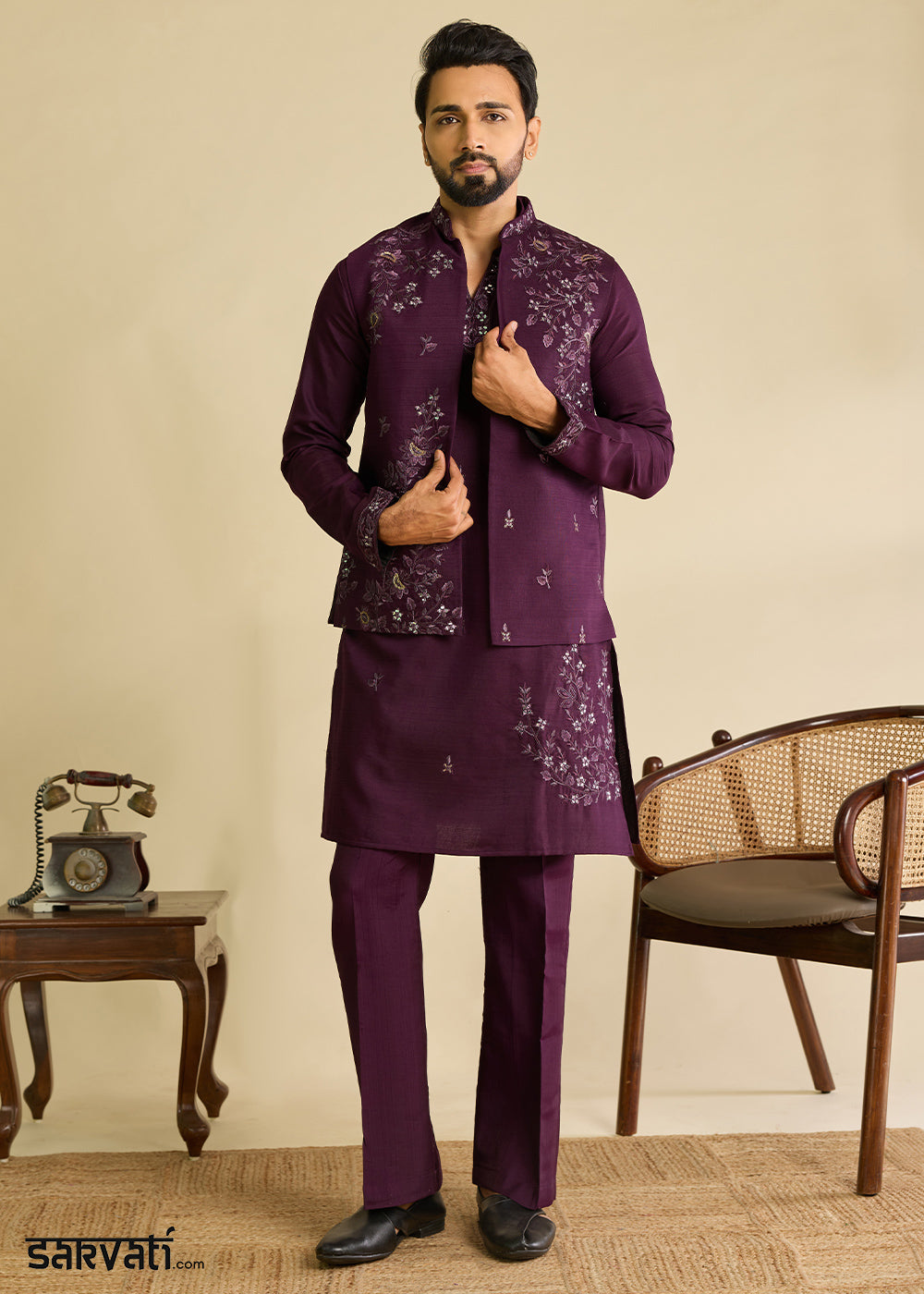 Mulberry Purple Silk Kurta Pajama &amp; Koti Set with Intricate Mirror &amp; Thread Artistry