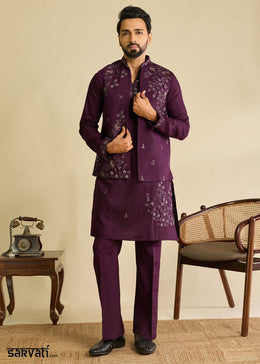 Mulberry Purple Silk Kurta Pajama & Koti Set with Intricate Mirror & Thread Artistry