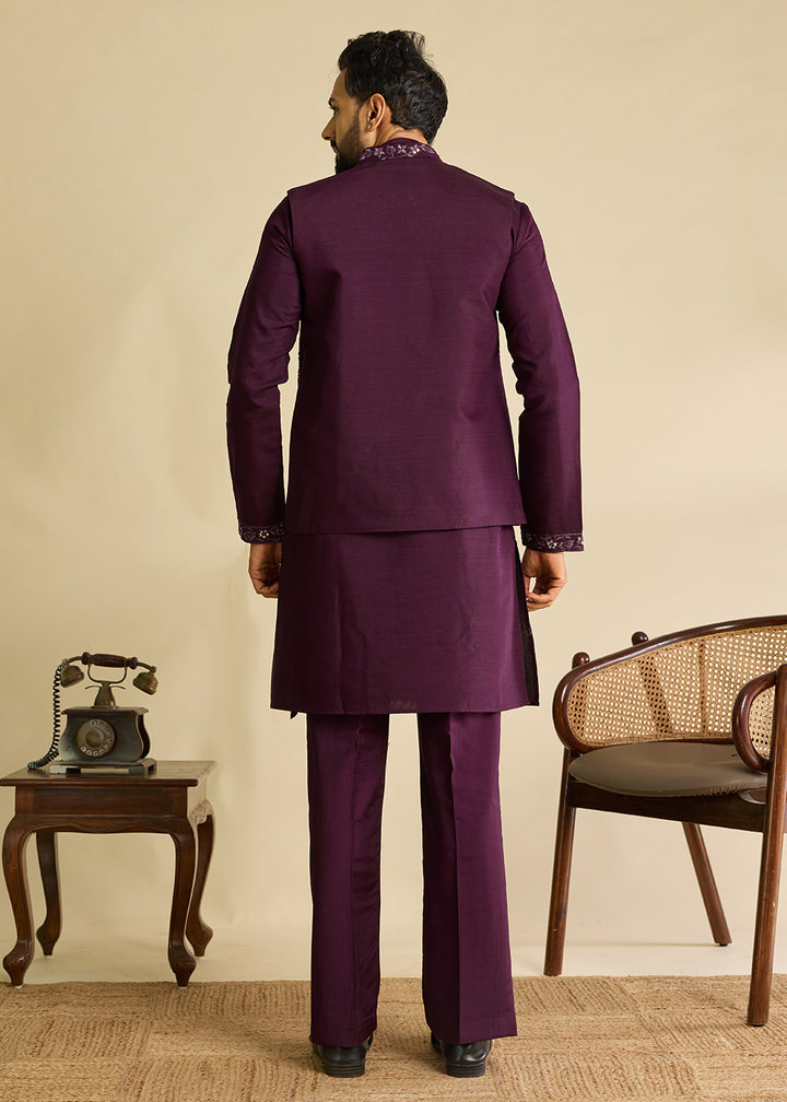 Mulberry Purple Silk Kurta Pajama &amp; Koti Set with Intricate Mirror &amp; Thread Artistry
