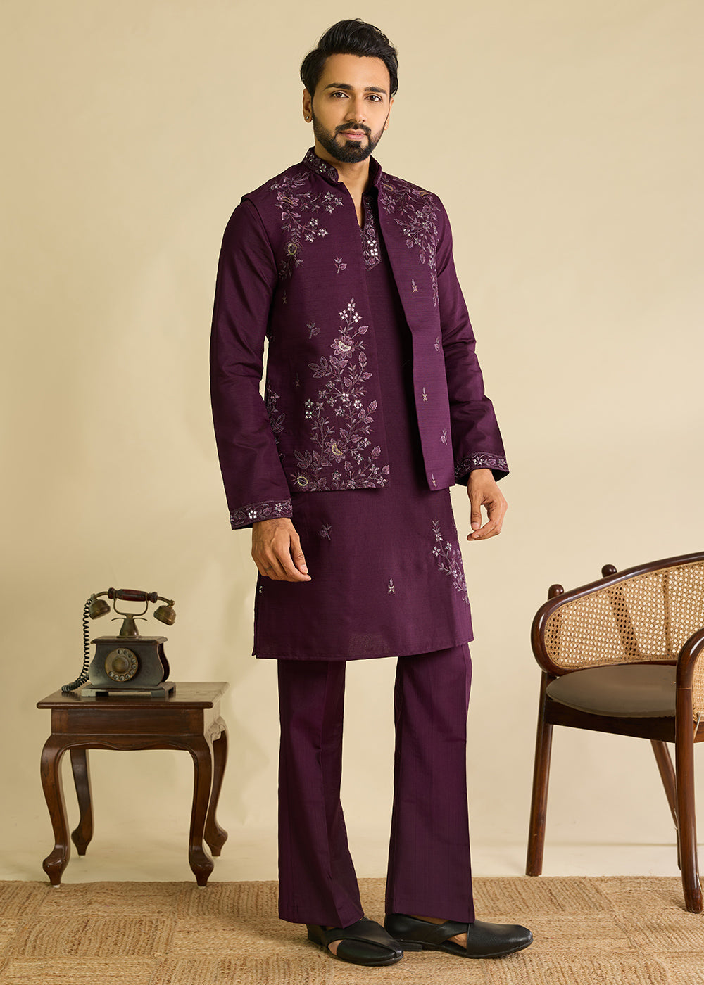 Mulberry Purple Silk Kurta Pajama &amp; Koti Set with Intricate Mirror &amp; Thread Artistry