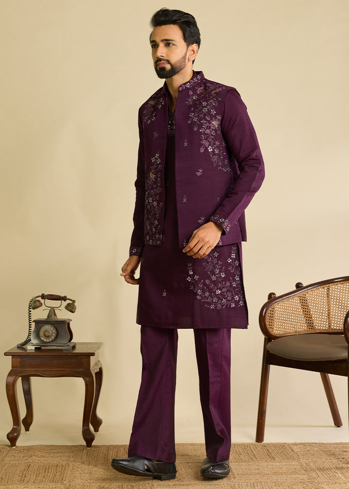 Mulberry Purple Silk Kurta Pajama &amp; Koti Set with Intricate Mirror &amp; Thread Artistry