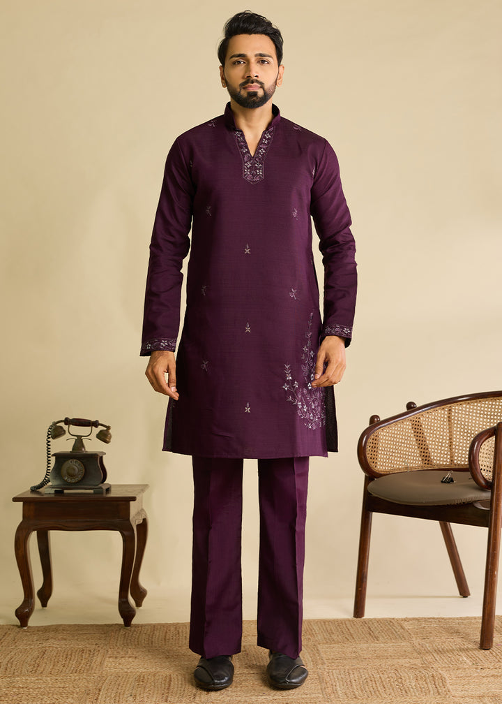 Mulberry Purple Silk Kurta Pajama &amp; Koti Set with Intricate Mirror &amp; Thread Artistry